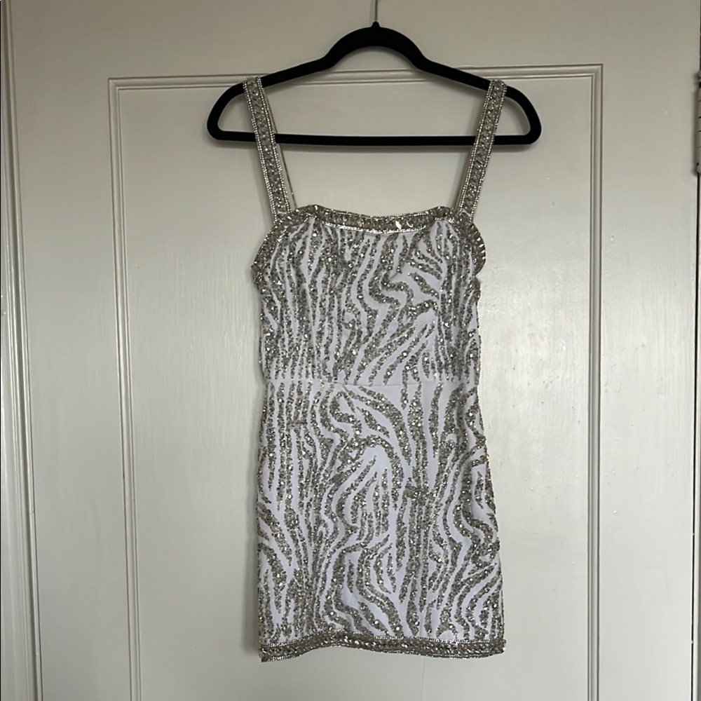 Retrofete Silver and White Square Neck Bodycon Mini Dress